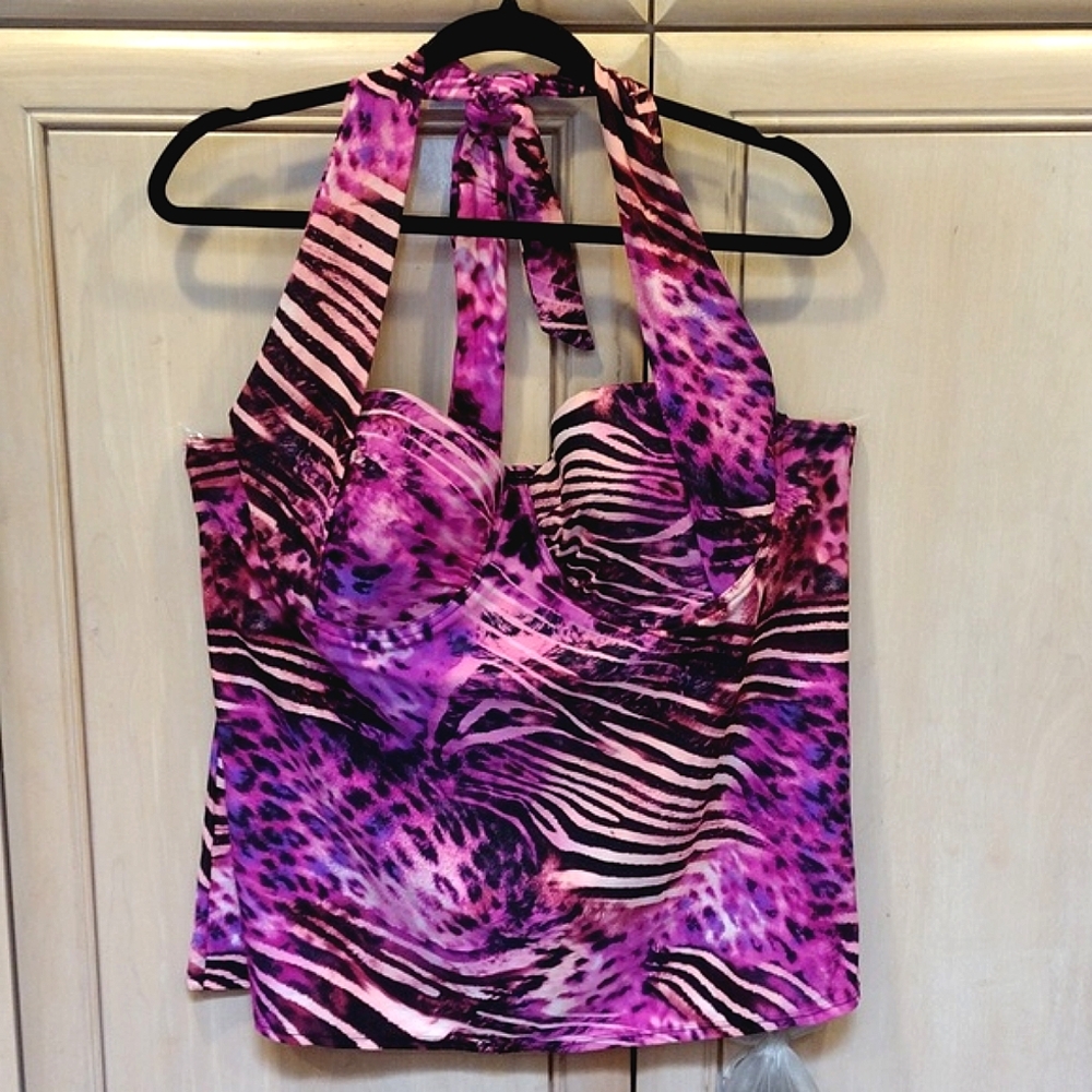 💥Pink and Black Animal Print Tankini Swim Top
